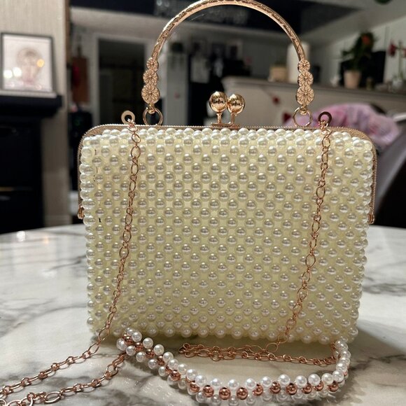 Pearl Beaded Clutch Bag with Rose Gold Chain | Elegant Wedding Purse Evening Han - Picture 2 of 8